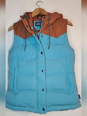 Patagonia Hooded Bivy Down Vest women’s Small Mushroom Print Mogul Blue